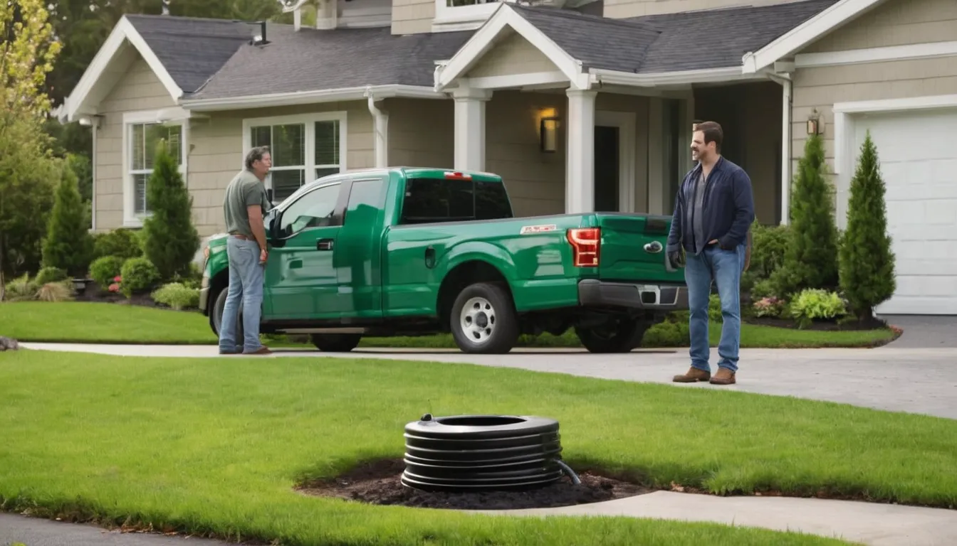 A friendly provider talking with a homeowner beside a septic tank access lid in a St. Charles yard