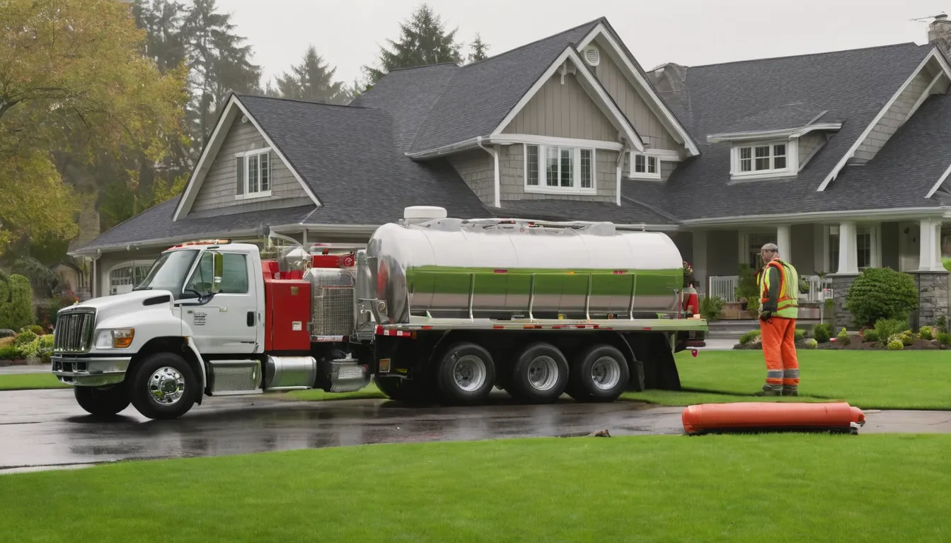 A local provider's pumper truck parked beside a tidy yard in the St. Charles area while a homeowner talks with the technician